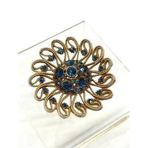 Vintage 2-1/2" Signed HAR Goldtone Blue Rhinestone Statement Brooch Pin